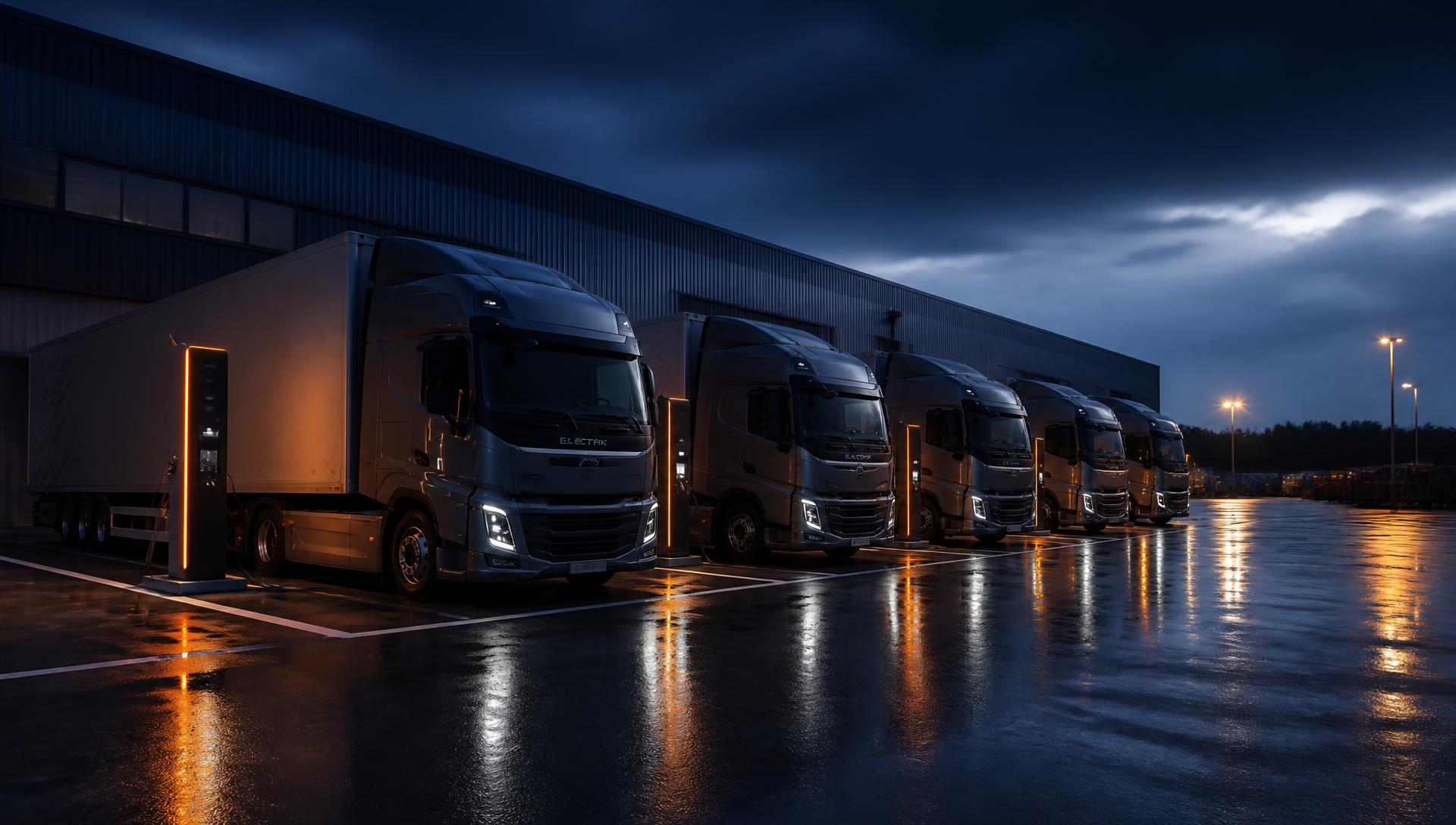 Electric heavy-duty trucks charging at a logistics depot at dusk